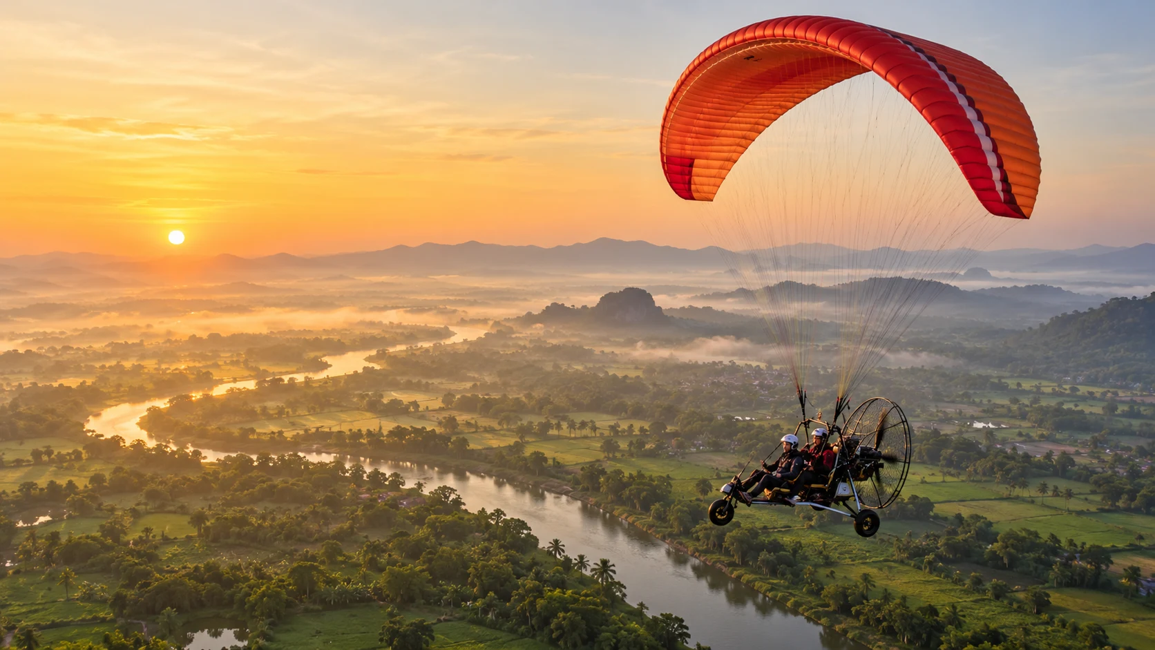 AI illustration of a tandem paramotor above open countryside